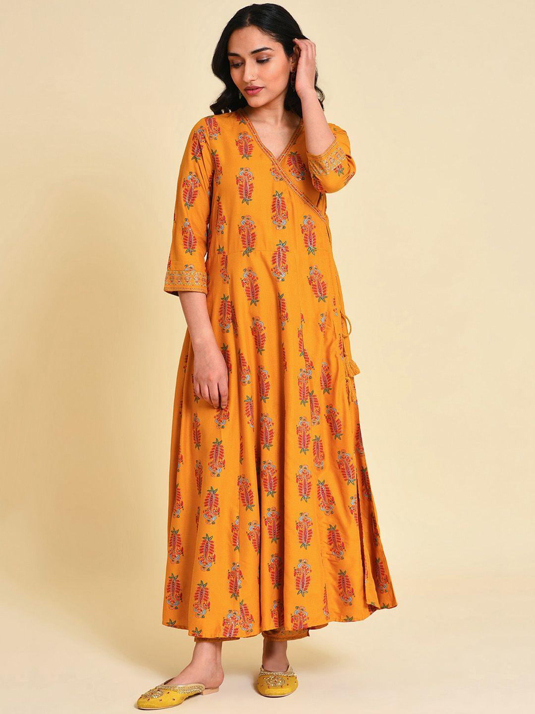 w v-neck angrakha ethnic motifs printed a-line kurta with trousers