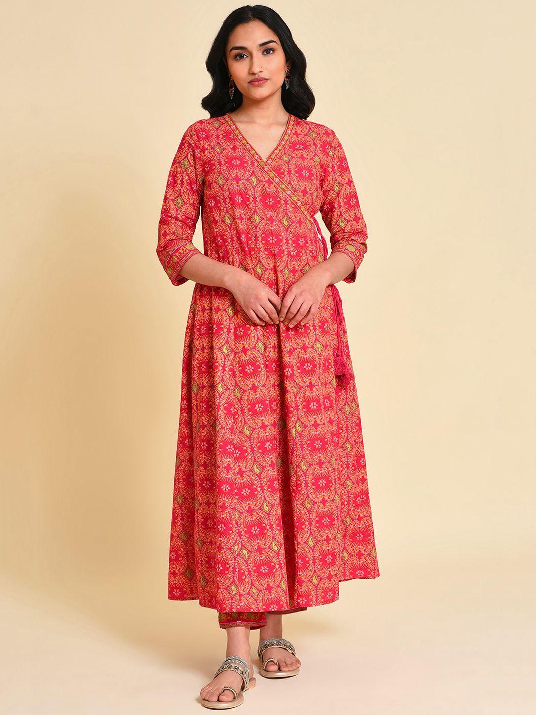 w floral printed v neck angrakha pure cotton kurta with trousers