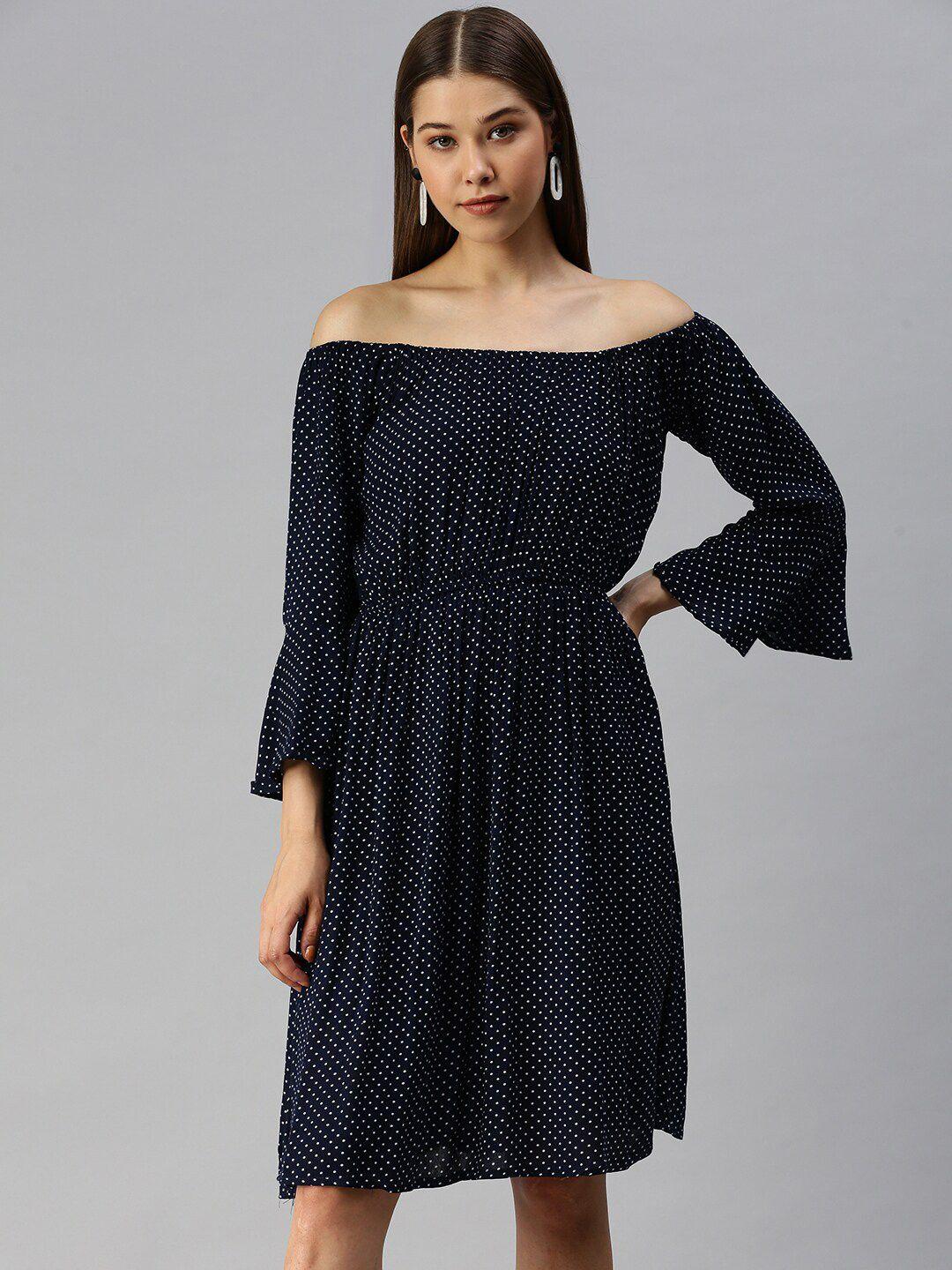 showoff polka dots printed off-shoulder fit & flare dress