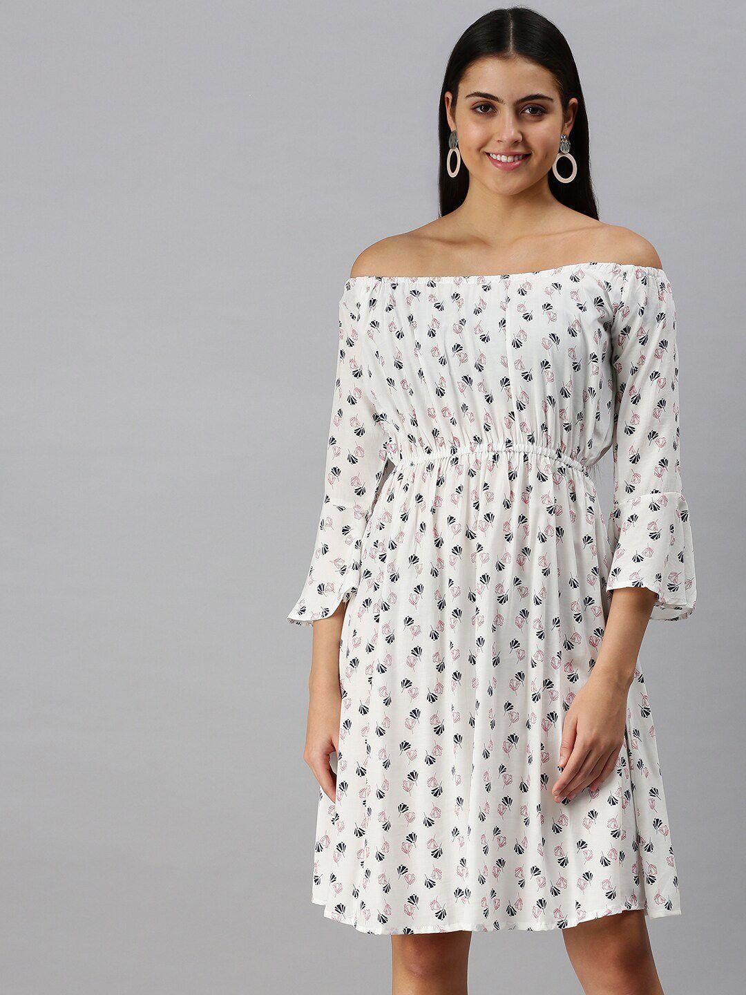 showoff off shoulder conversational printed crepe a-line dress