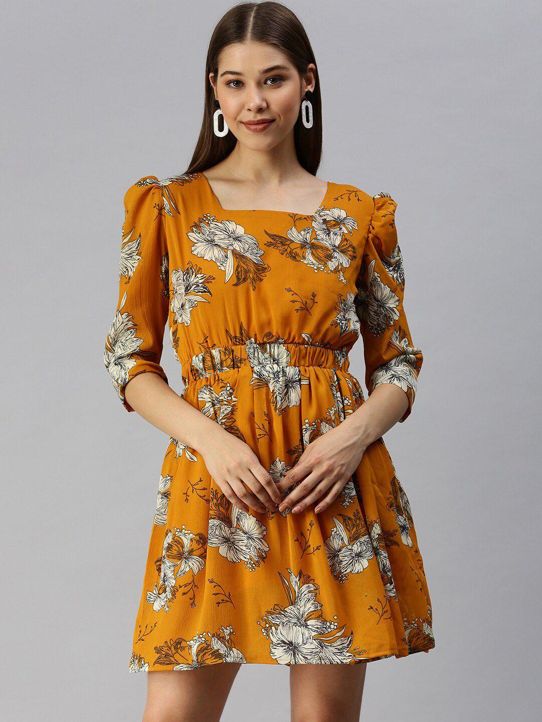 showoff square neck floral printed georgette midi a-line dress