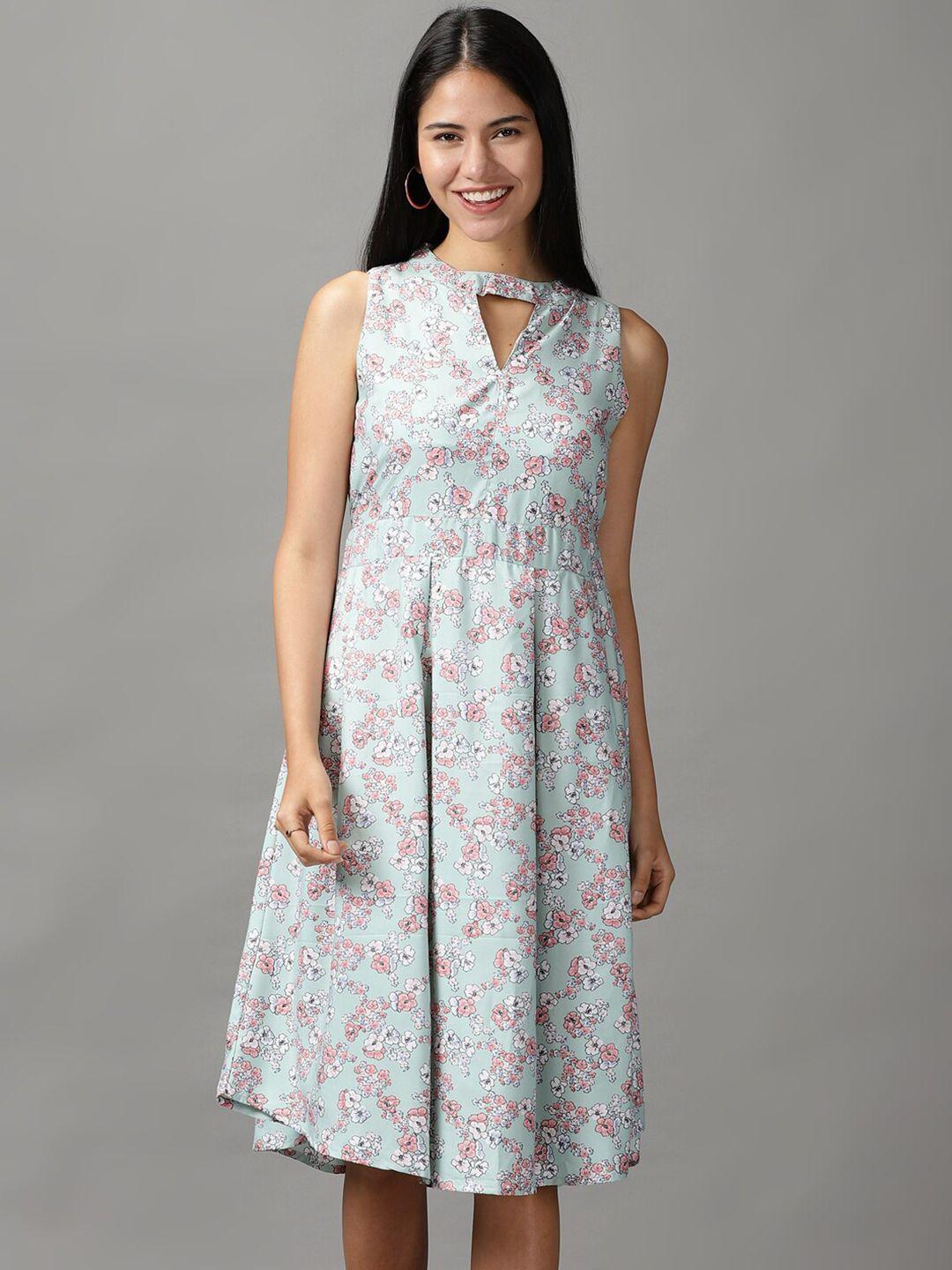 showoff floral printed keyhole neck fit & flare dress