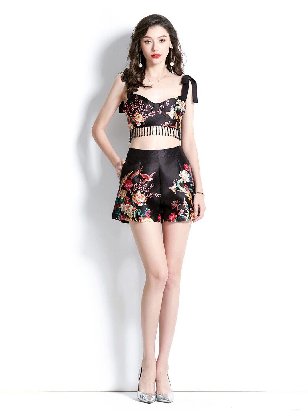 jc collection floral printed shoulder strap top with shorts