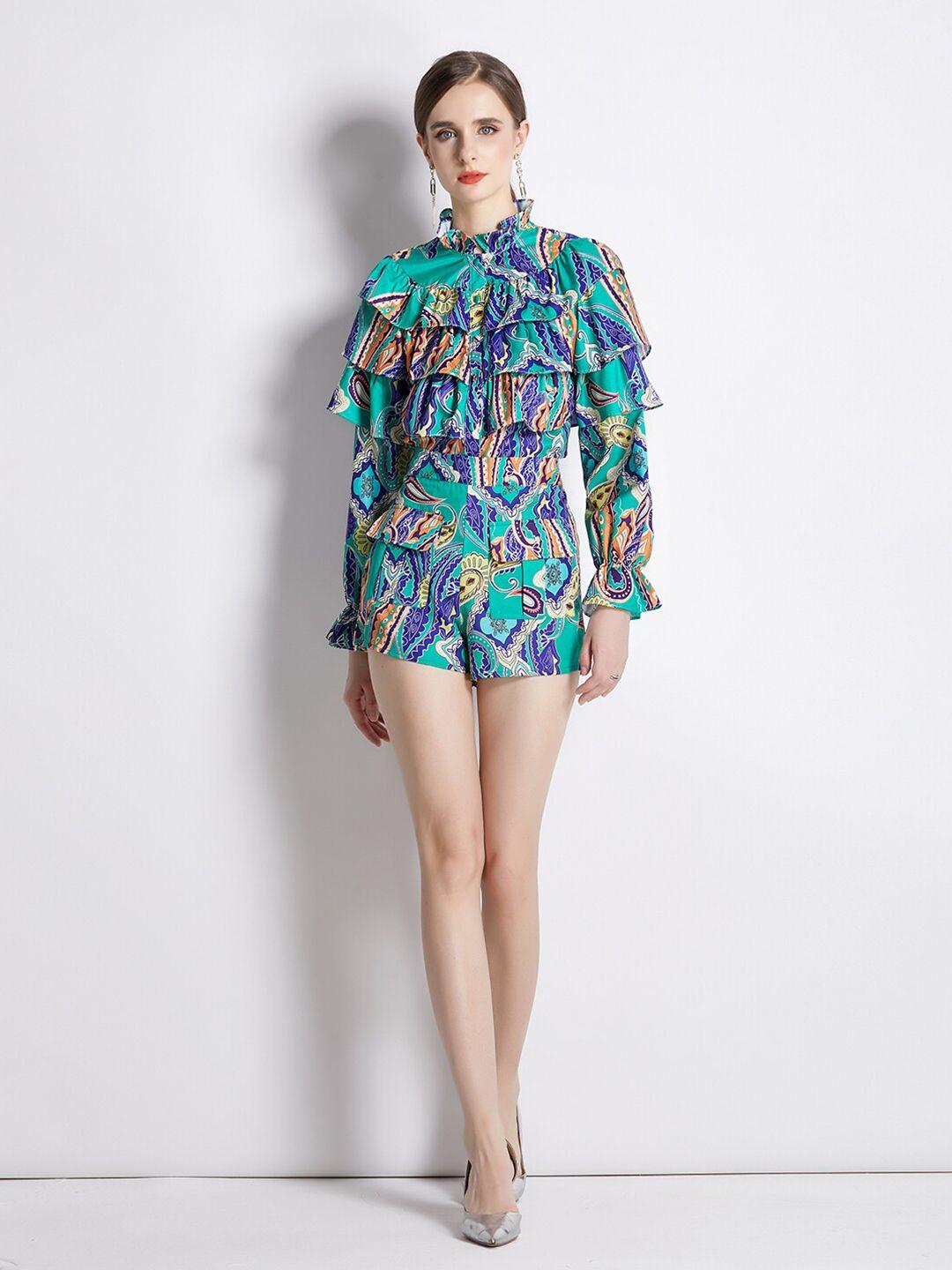 jc collection printed high neck puff sleeves top with shorts co-ords