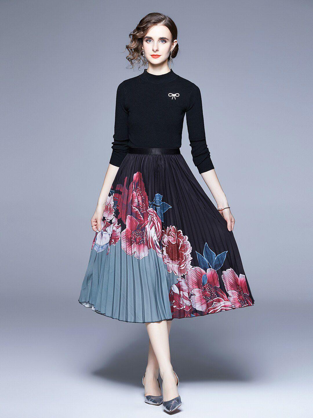 jc collection round neck printed top with skirt