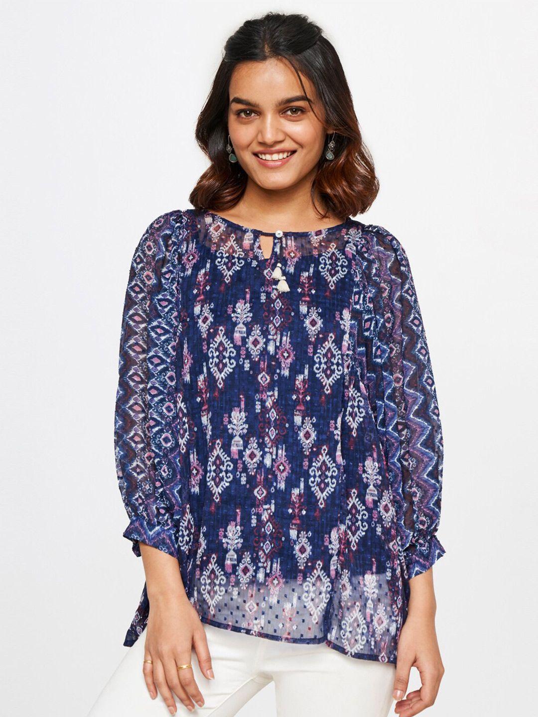 global desi printed keyhole neck top