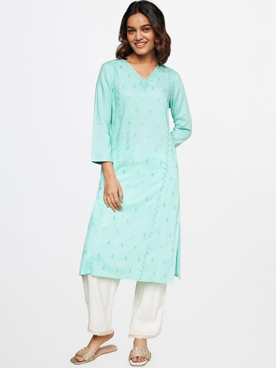 global desi women green ethnic motifs chikankari kurta