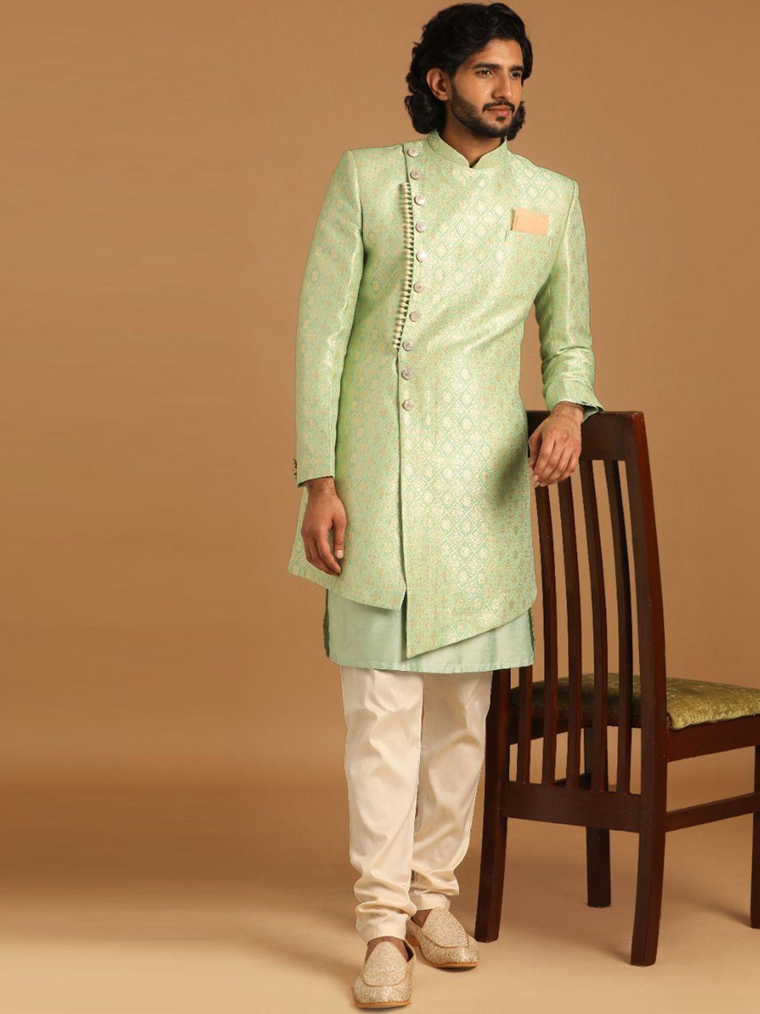 manyavar woven design art silk indo western sherwani set