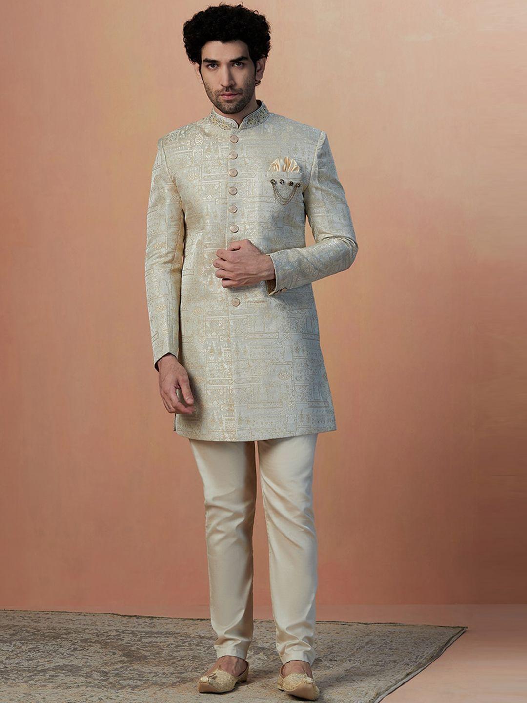 manyavar woven design beads & stones art silk sherwani