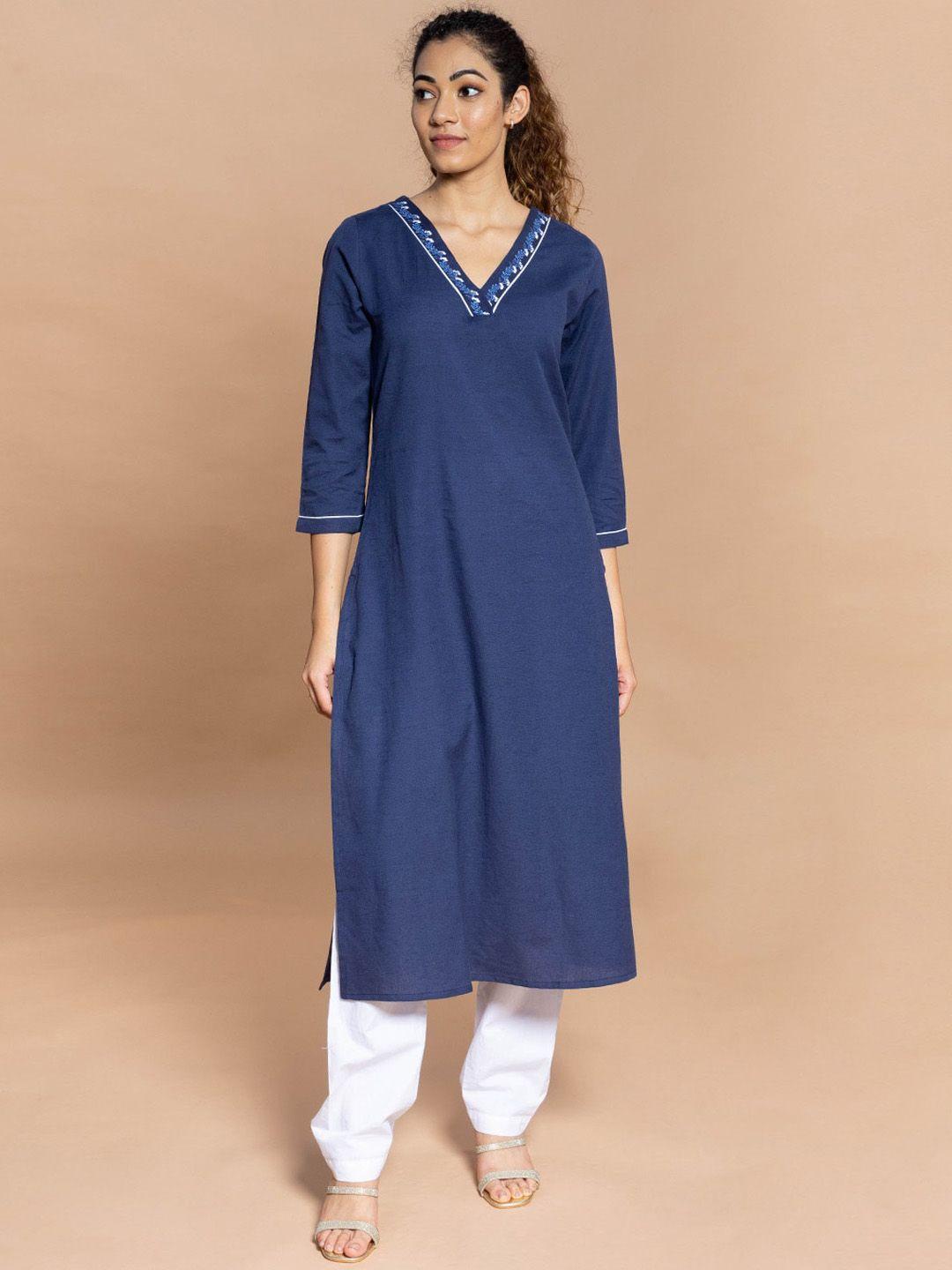 rmya thread work v-neck a-line pure cotton kurta