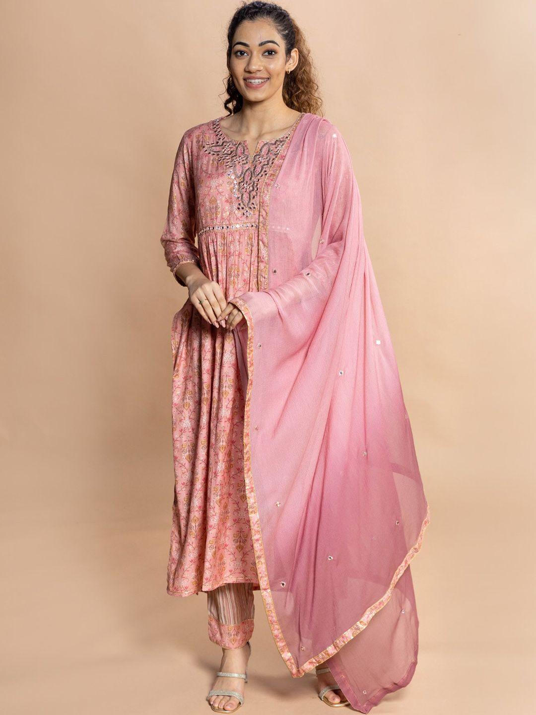 rmya floral printed notched neck thread work straight kurta with trousers & dupatta