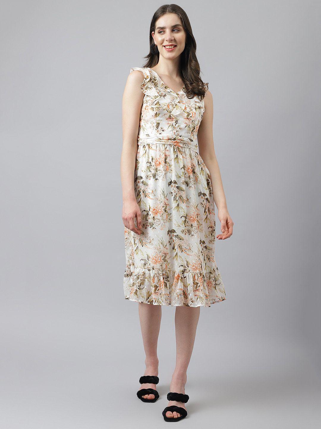 latin quarters v-neck floral printed ruffles a-line dress