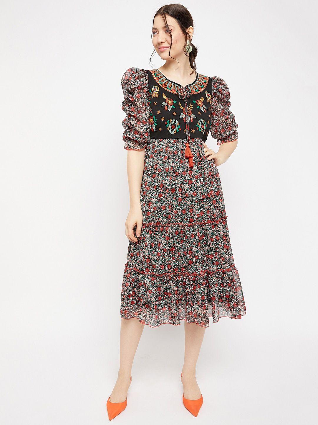 antheaa tie-up neck floral printed embroidered tiered chiffon fit & flare midi dress