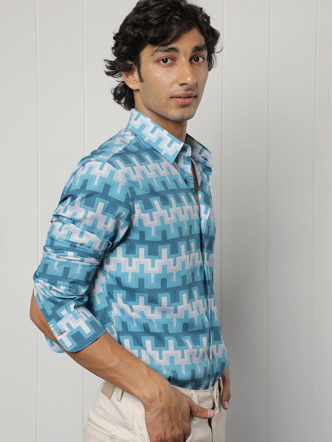 rare rabbit slim fit geometric checked casual shirt