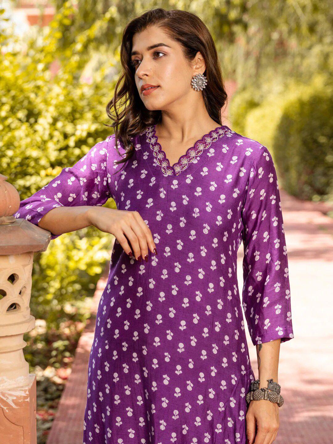 ambraee floral printed thread work kurta with trousers