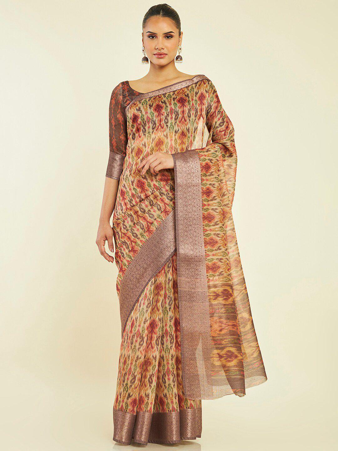 soch ethnic motifs printed zari tussar saree