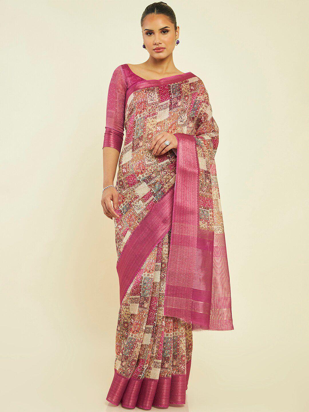 soch floral printed zari tussar saree