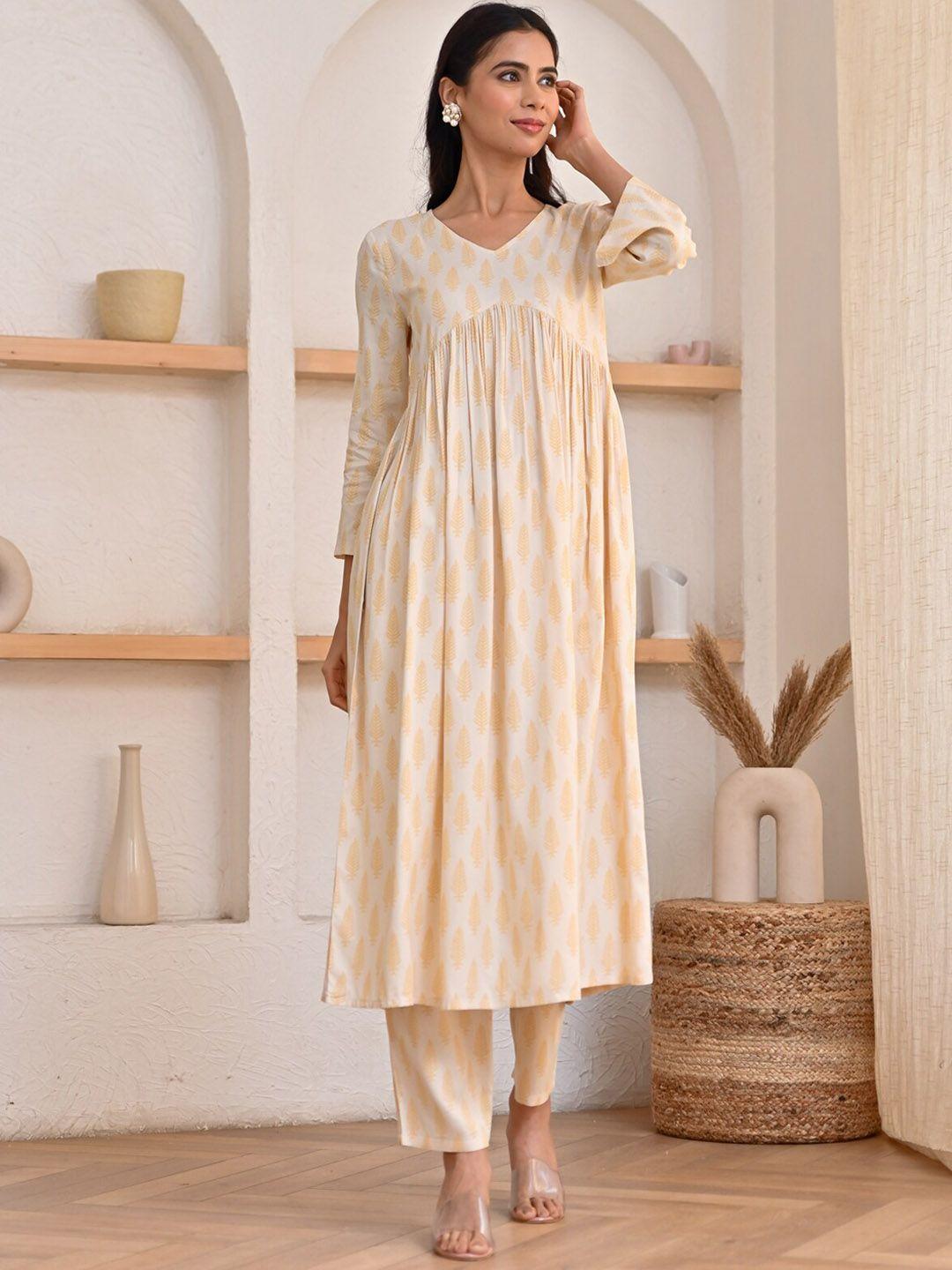 rustorange ethnic motifs printed pleated a-line kurta with trousers