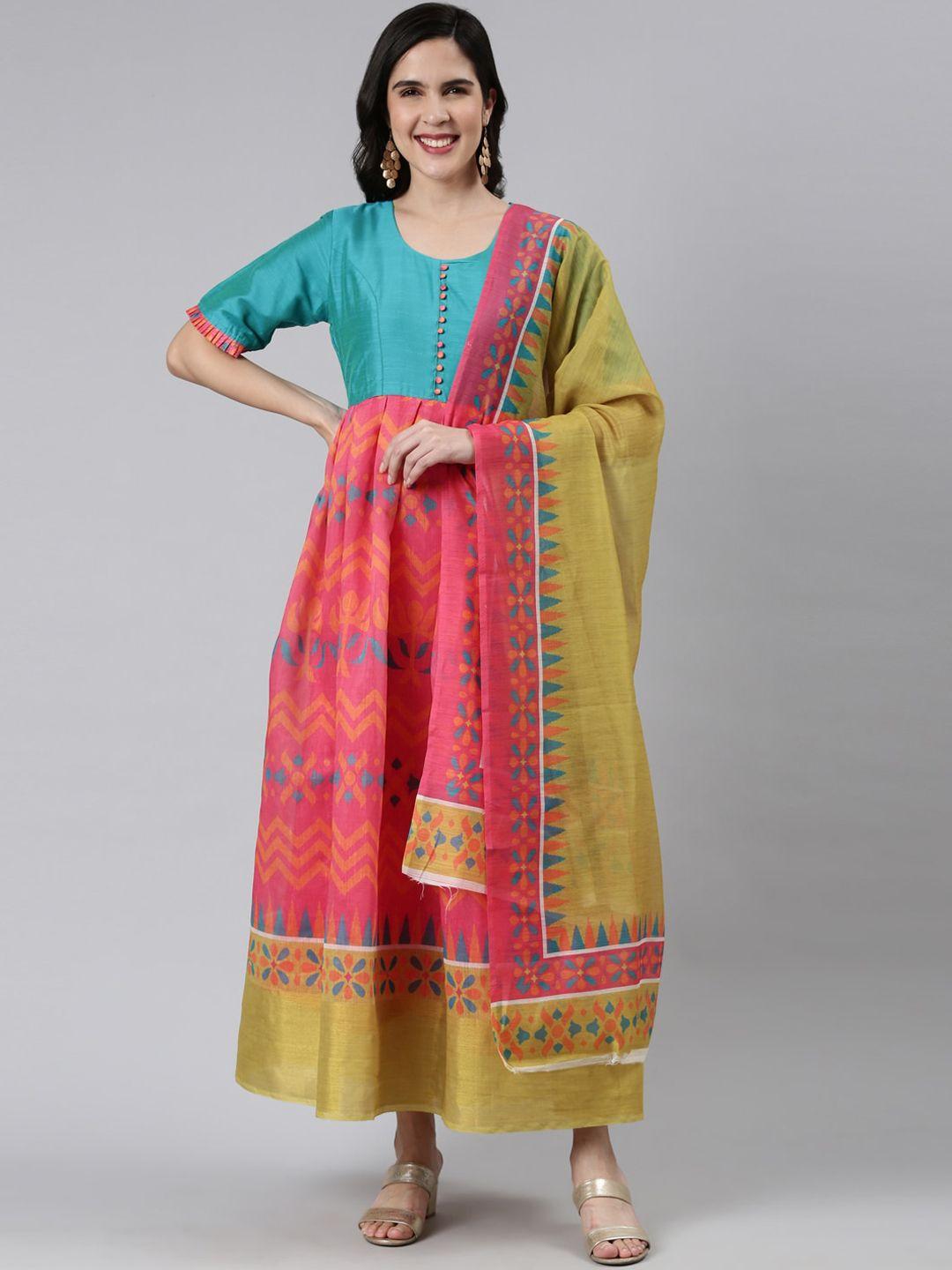 flavido ethnic motifs printed chanderi silk anarkali kurta with dupatta