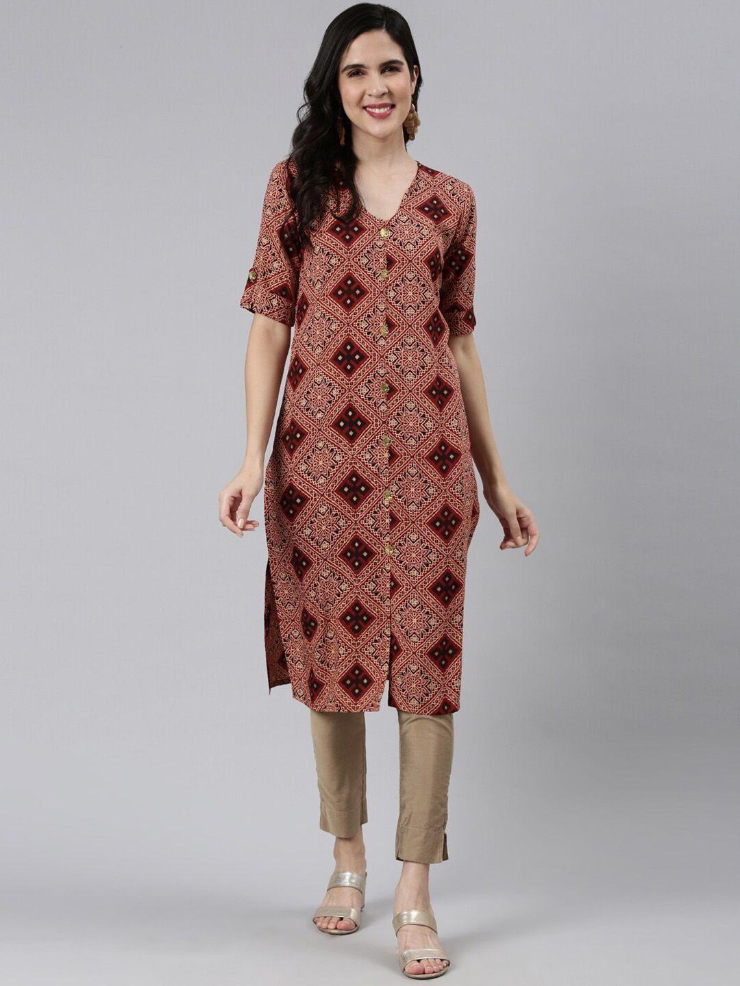 flavido ethnic motifs printed v-neck kurta