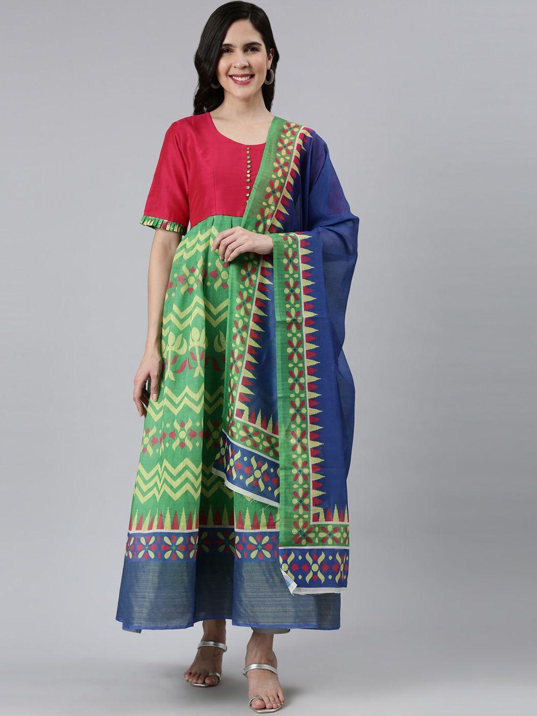 flavido ethnic motif printed pleated anarkali kurta with dupatta