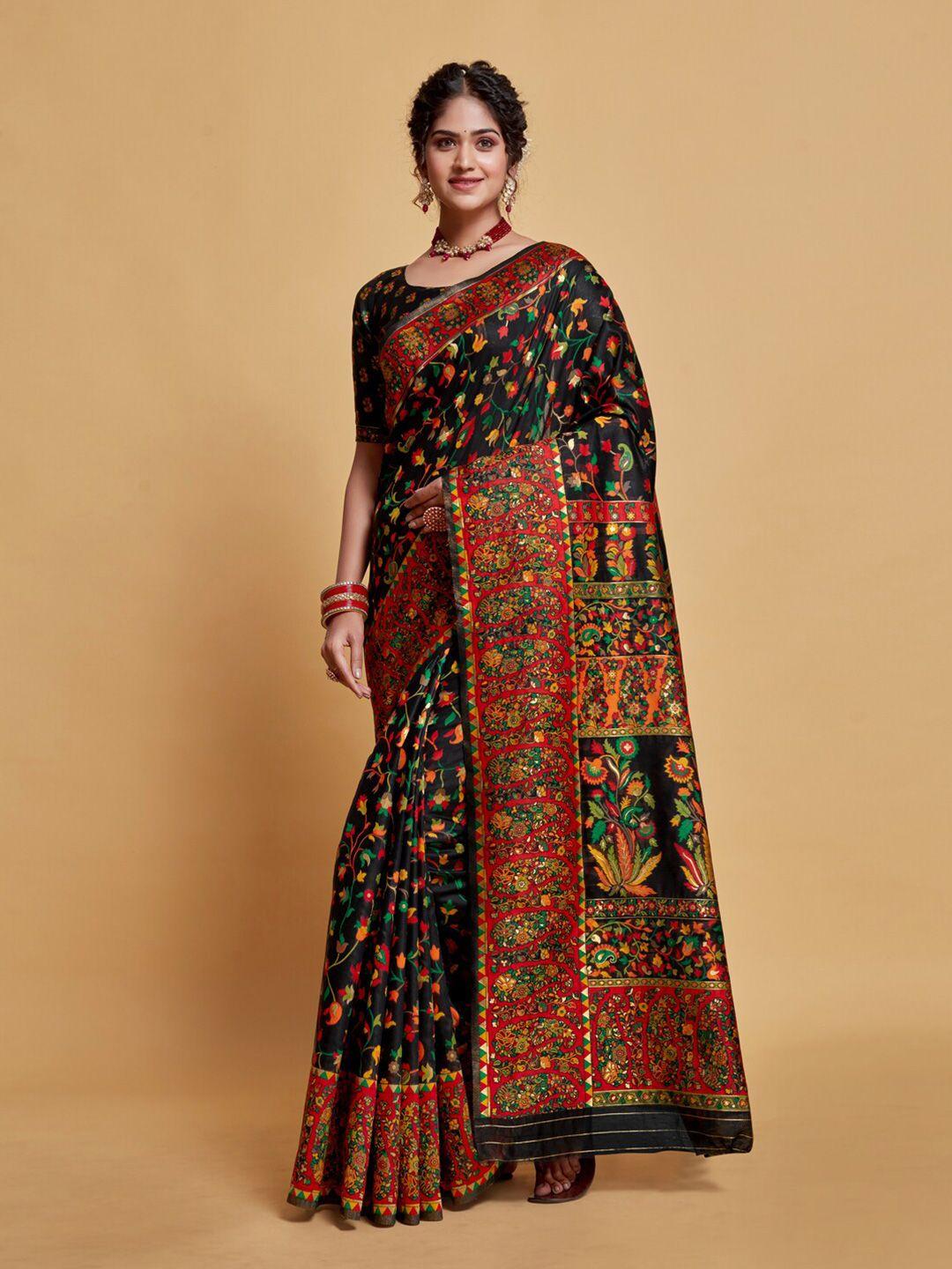 gajarai floral printed zari silk blend banarasi saree