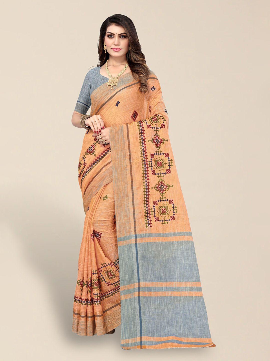 serona fabrics floral embroidered pure linen saree