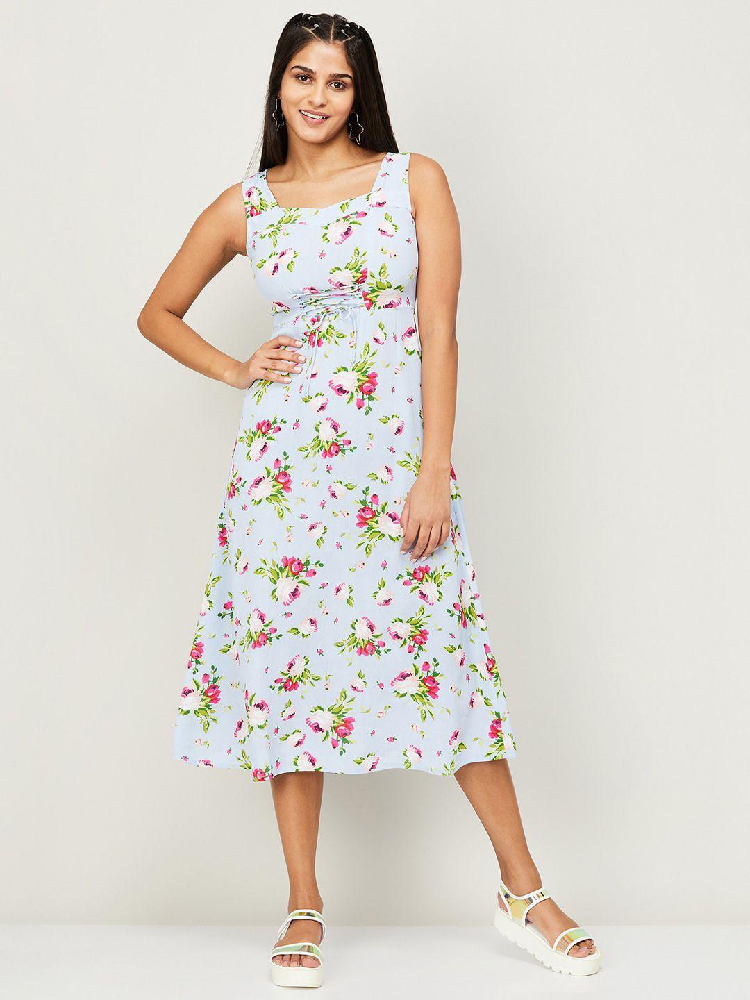 ginger by lifestyle sleeveless smocked floral printed fit & flare midi dress