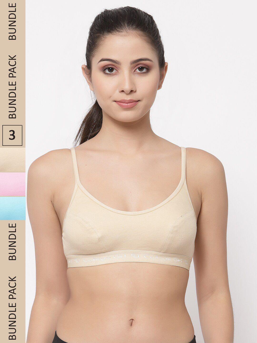 college girl pack of 3 non-padded non-wired all day comfort cottton sports bra