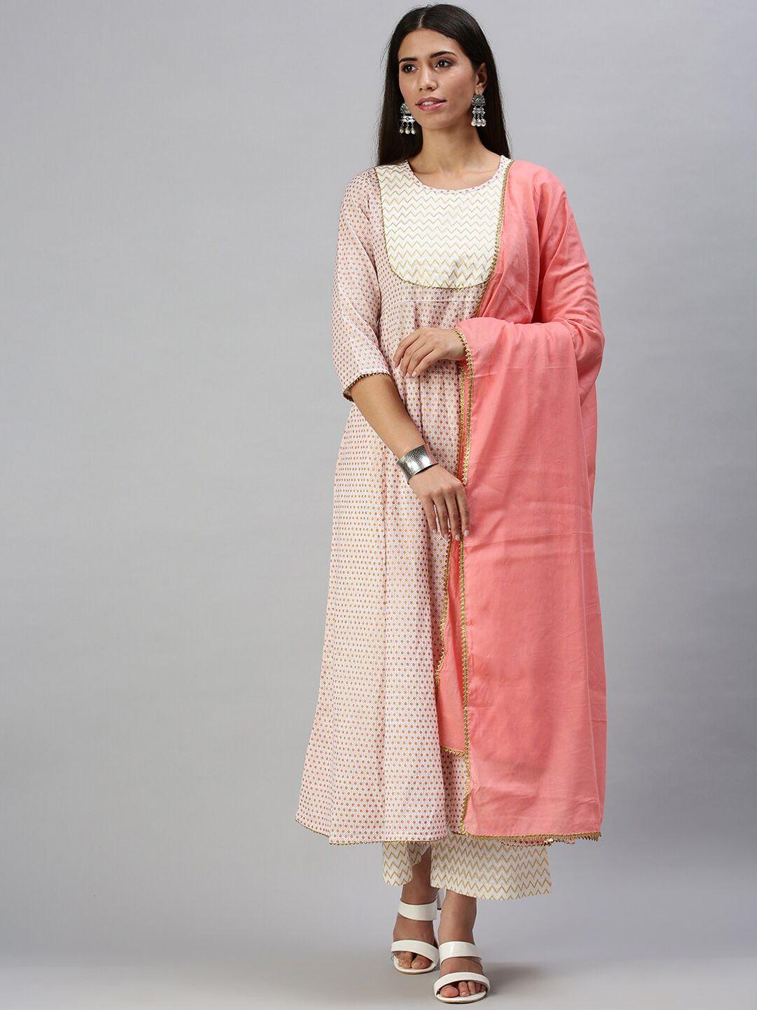 showoff ethnic motif printed foil panelled gotta patti kurta with palazzos & dupatta