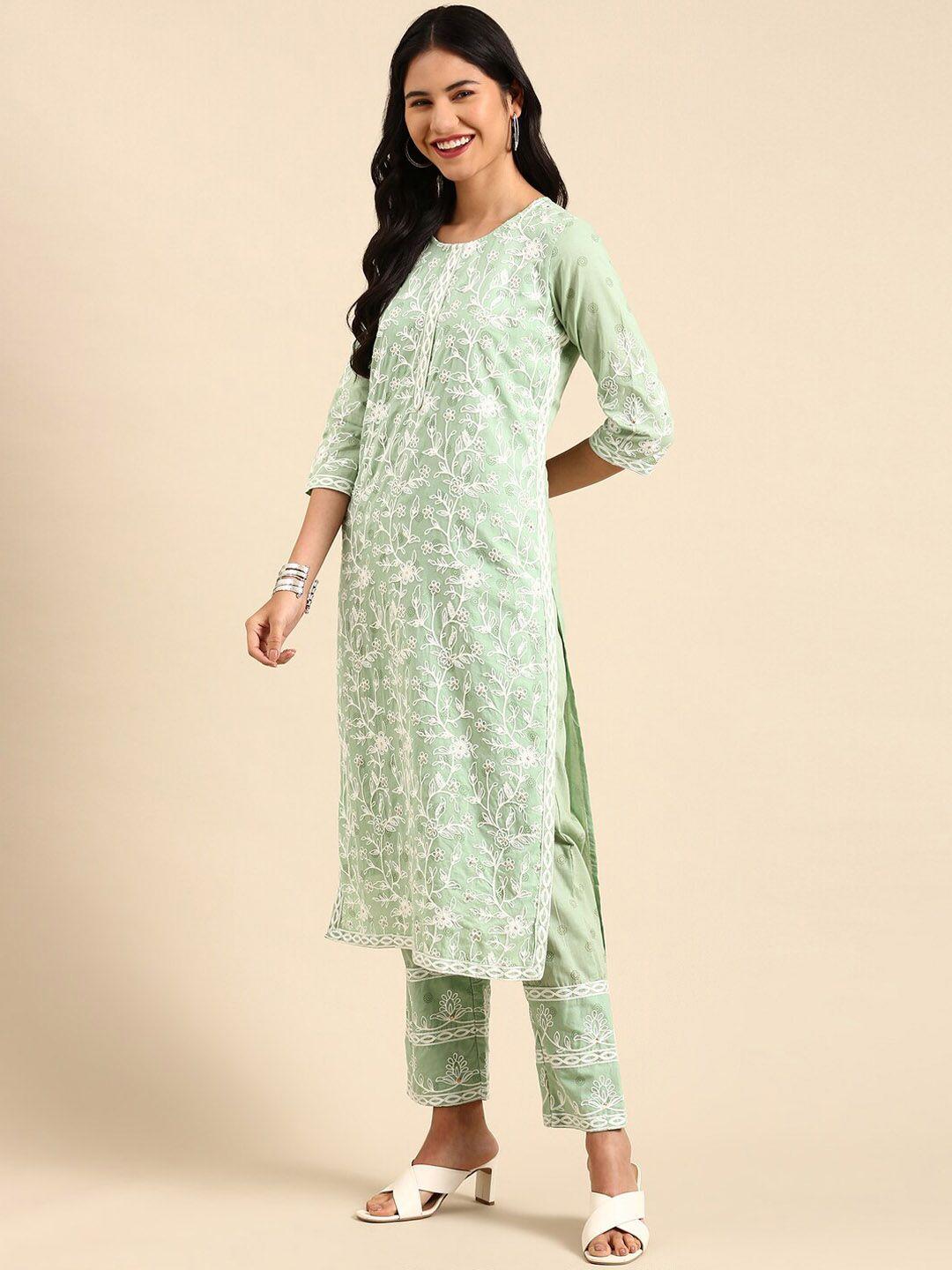 showoff floral printed thread work block print straight kurta with trousers & dupatta