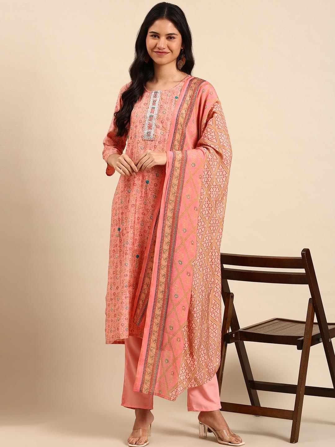 showoff floral printed mirror work chanderi cotton kurta with trousers & dupatta