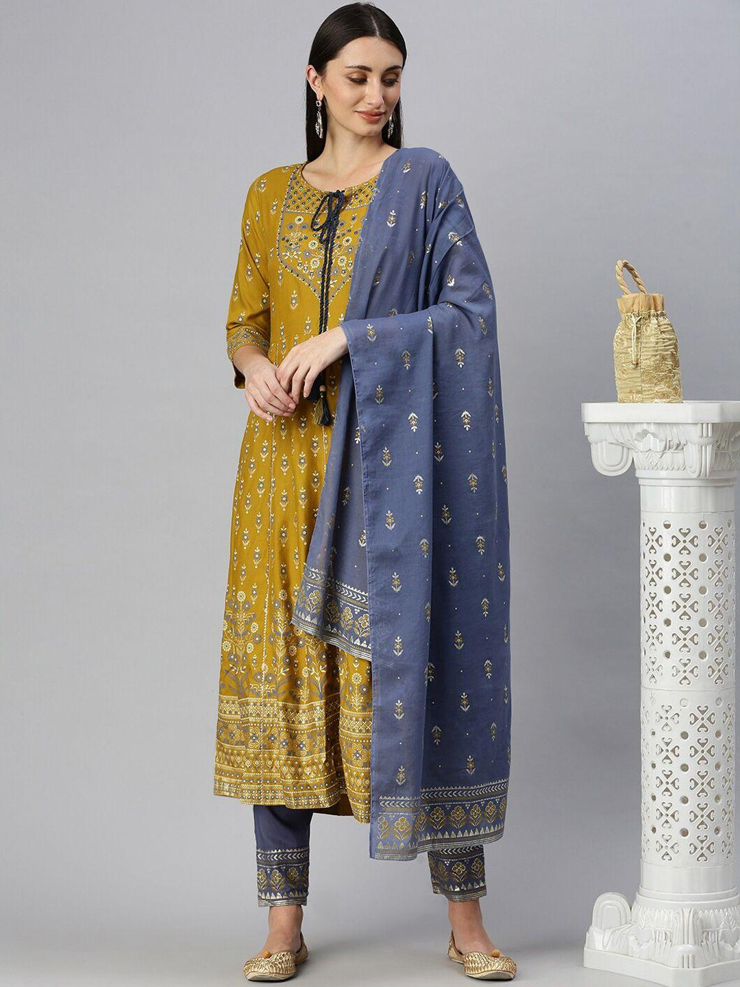 showoff floral printed tie-up neck beads & stones kurta with trousers & dupatta