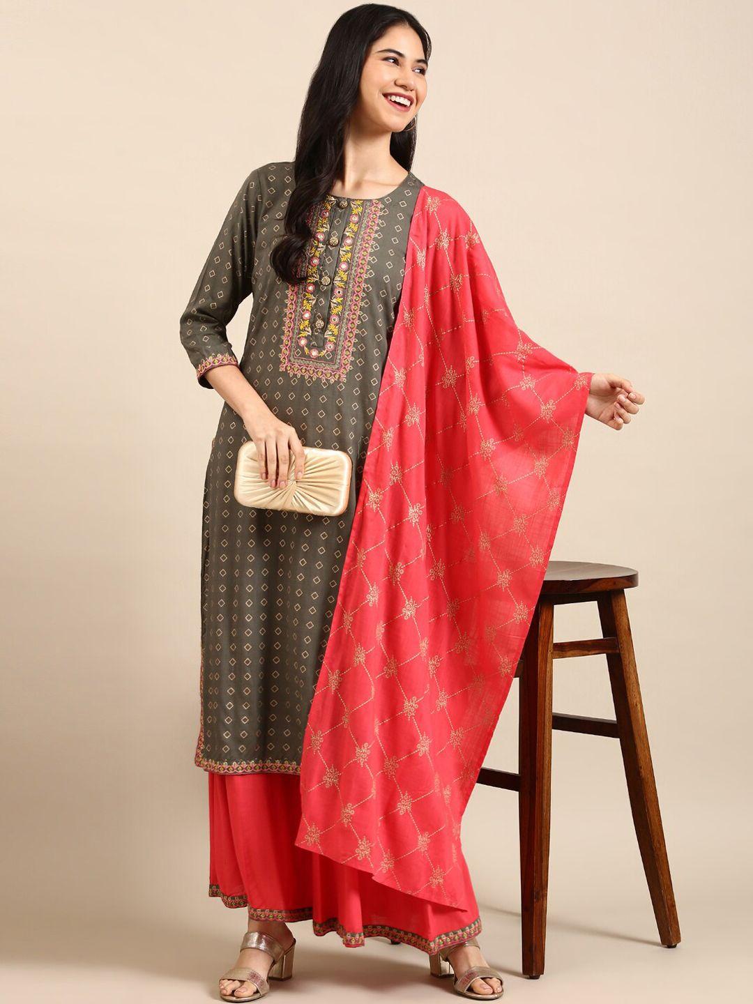 showoff printed thread work kurta with palazzos & dupatta