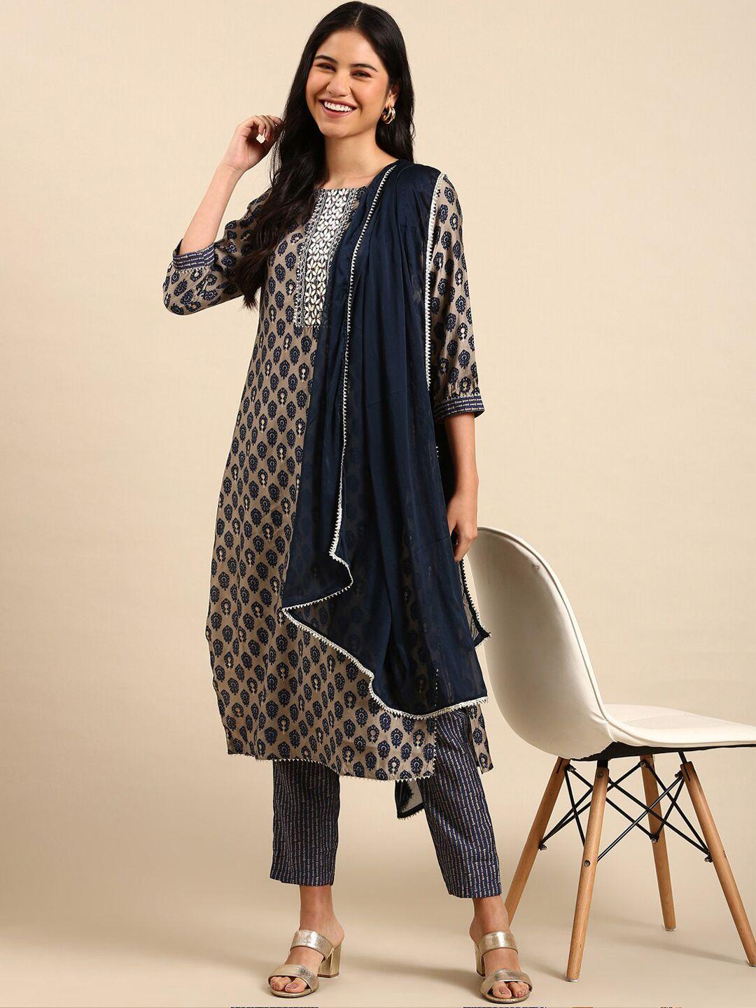 showoff ethnic motifs printed gotta patti chanderi silk kurta with trousers & dupatta