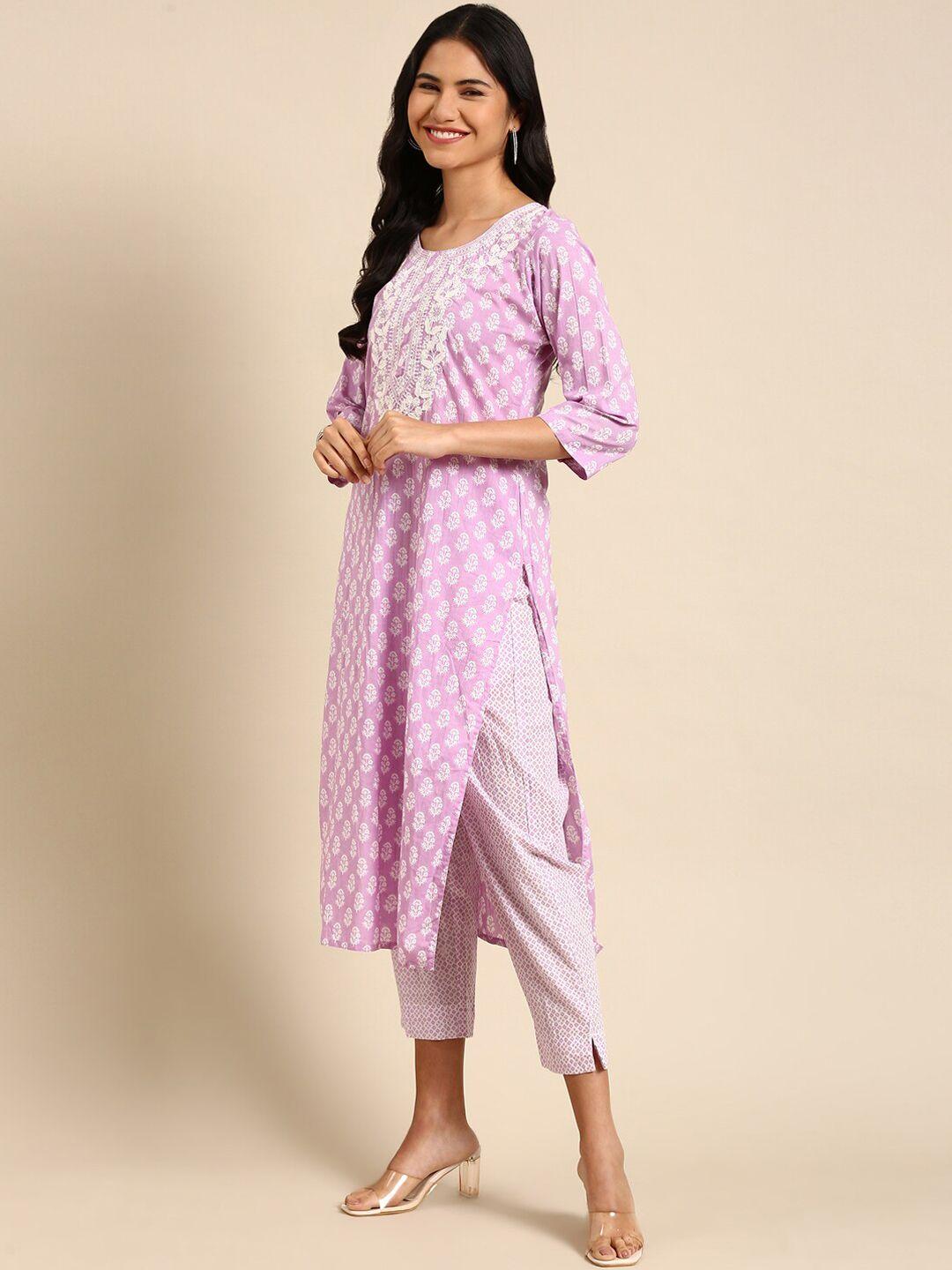 showoff floral printed thread work straight block print kurta with trousers & dupatta