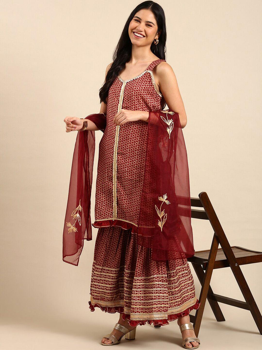 showoff floral printed sequinned chanderi silk kurta with sharara & dupatta