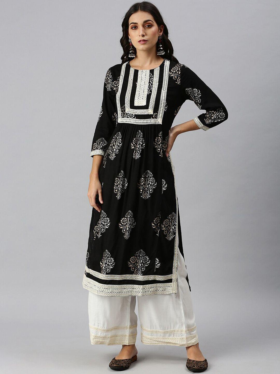 showoff ethnic motifs printed a-line thread work kurta with palazzos