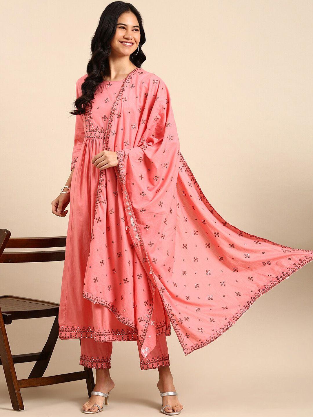 showoff pleated mirror work anarkali kurta with trousers & dupatta