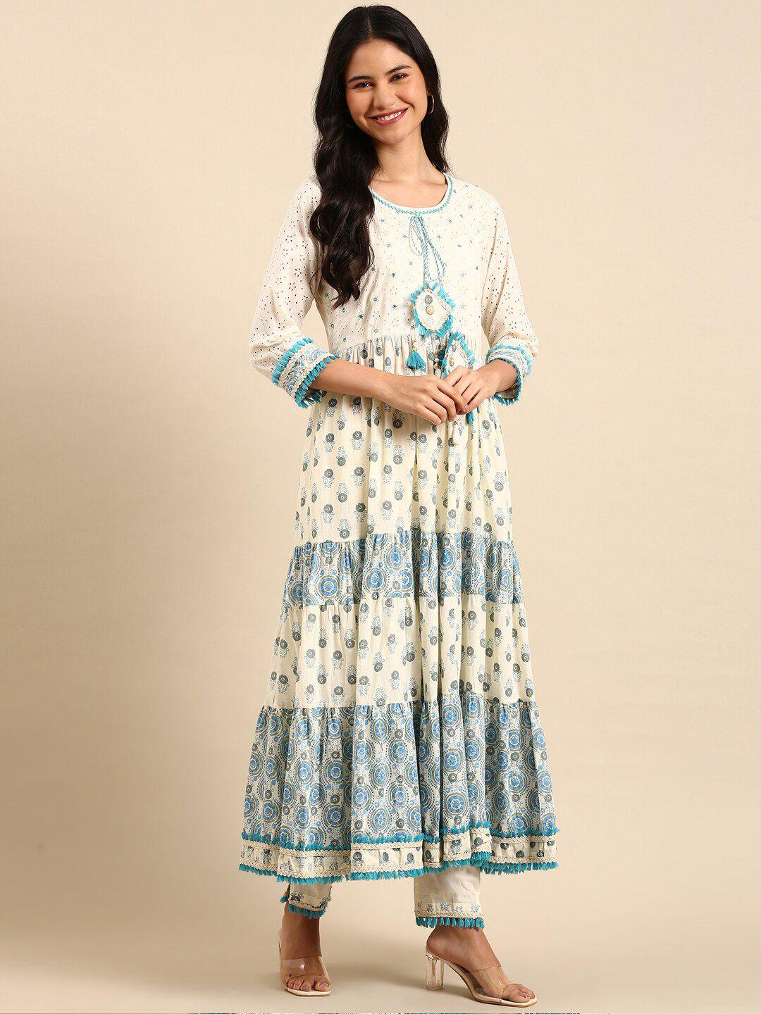 showoff ethnic motifs printed tiered mirror work anarkali kurta with trousers & dupatta