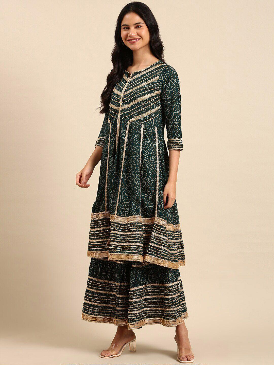 showoff bandhani printed notched neck gotta patti kurta with sharara & dupatta