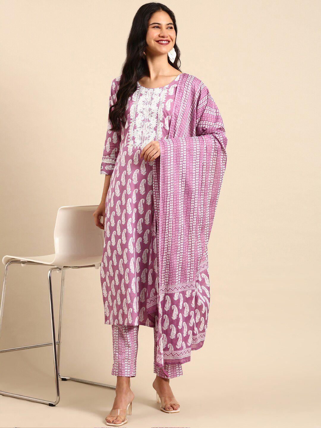 showoff paisley printed thread work block print straight kurta with trousers & dupatta