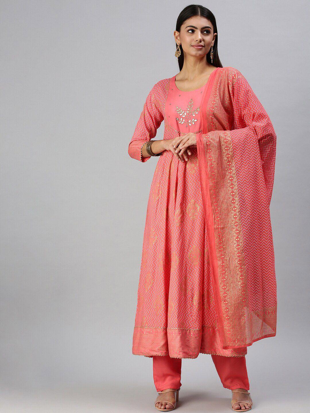 showoff printed panelled beads & stones kurta with trousers & dupatta