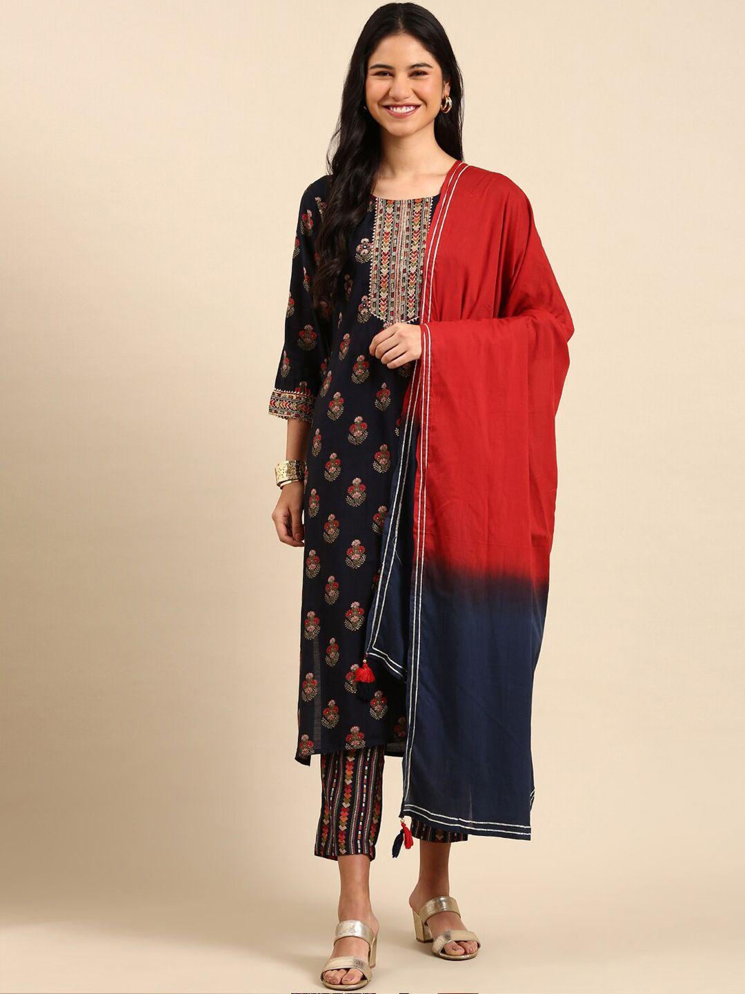 showoff ethnic motifs printed mirror work straight kurta with trousers & dupatta