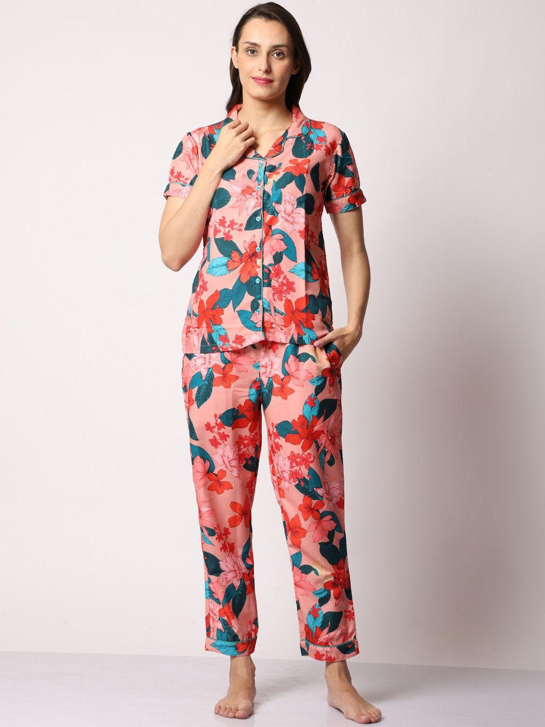 urban komfort women pink & green printed night suit