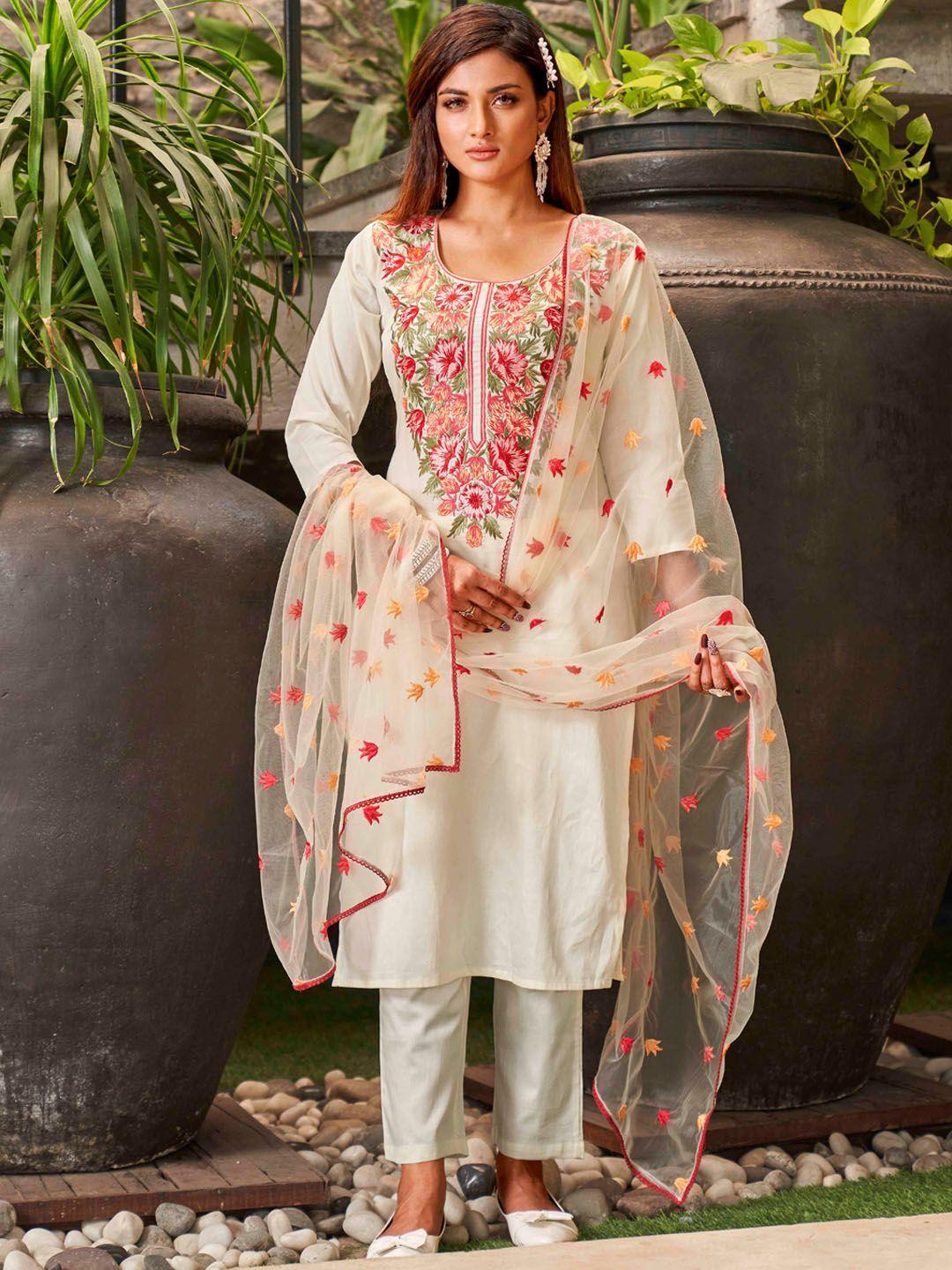 tikhi imli floral embroidered pure cotton kurta with trousers & dupatta