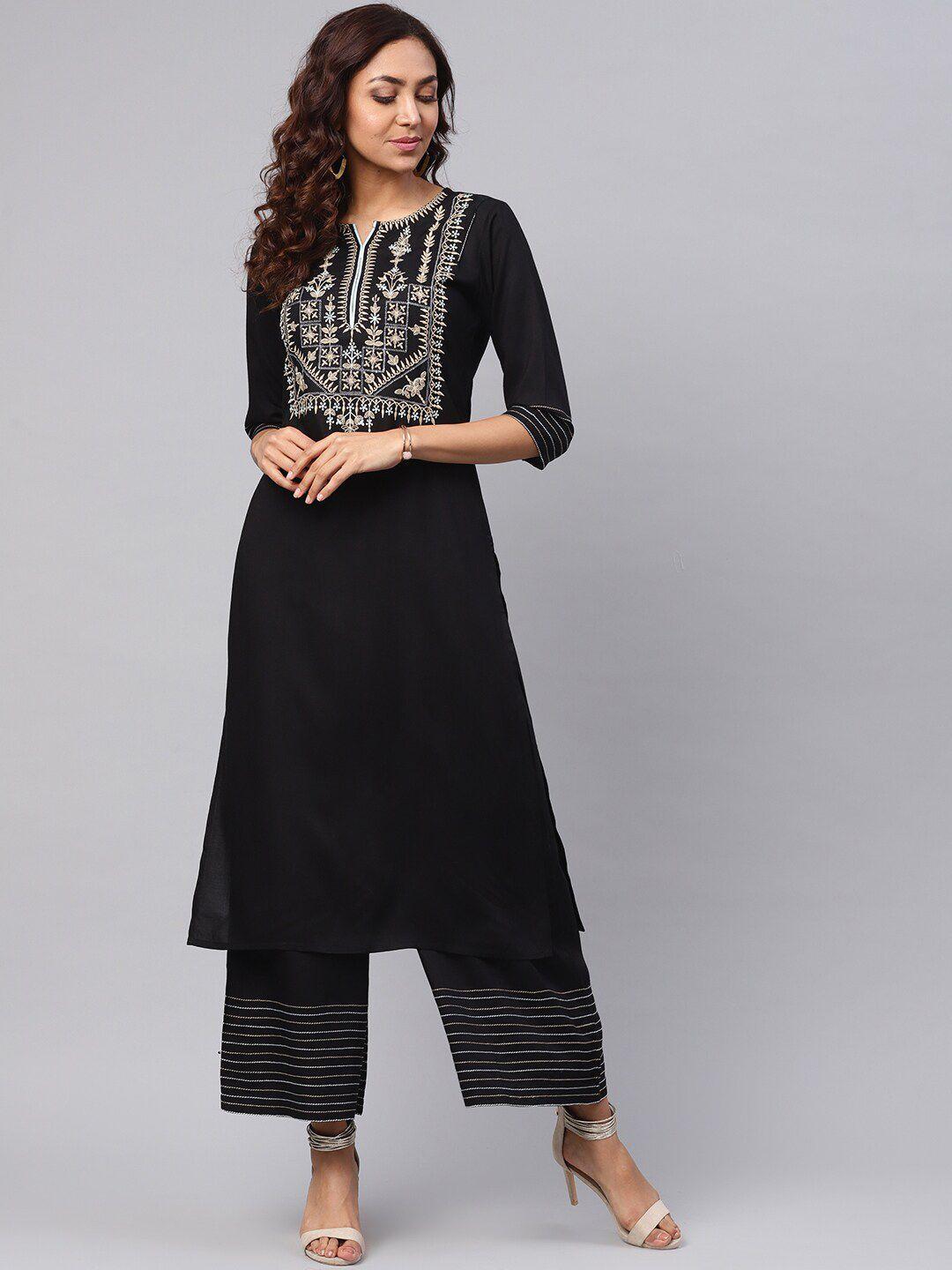 idalia ethnic motifs embroidered notched neck a-line kurta with palazzos