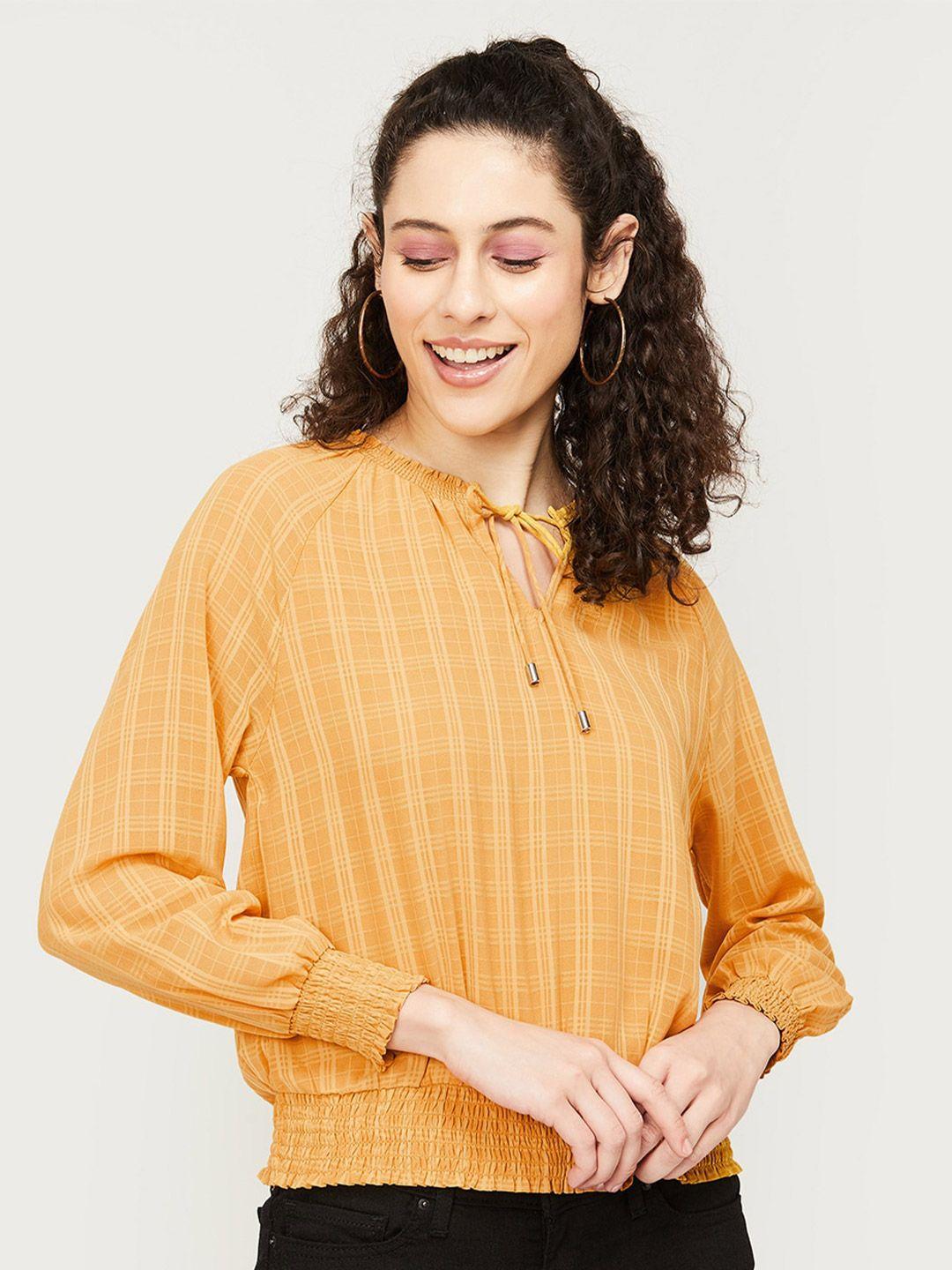 fame forever by lifestyle checked tie-up neck smocked top