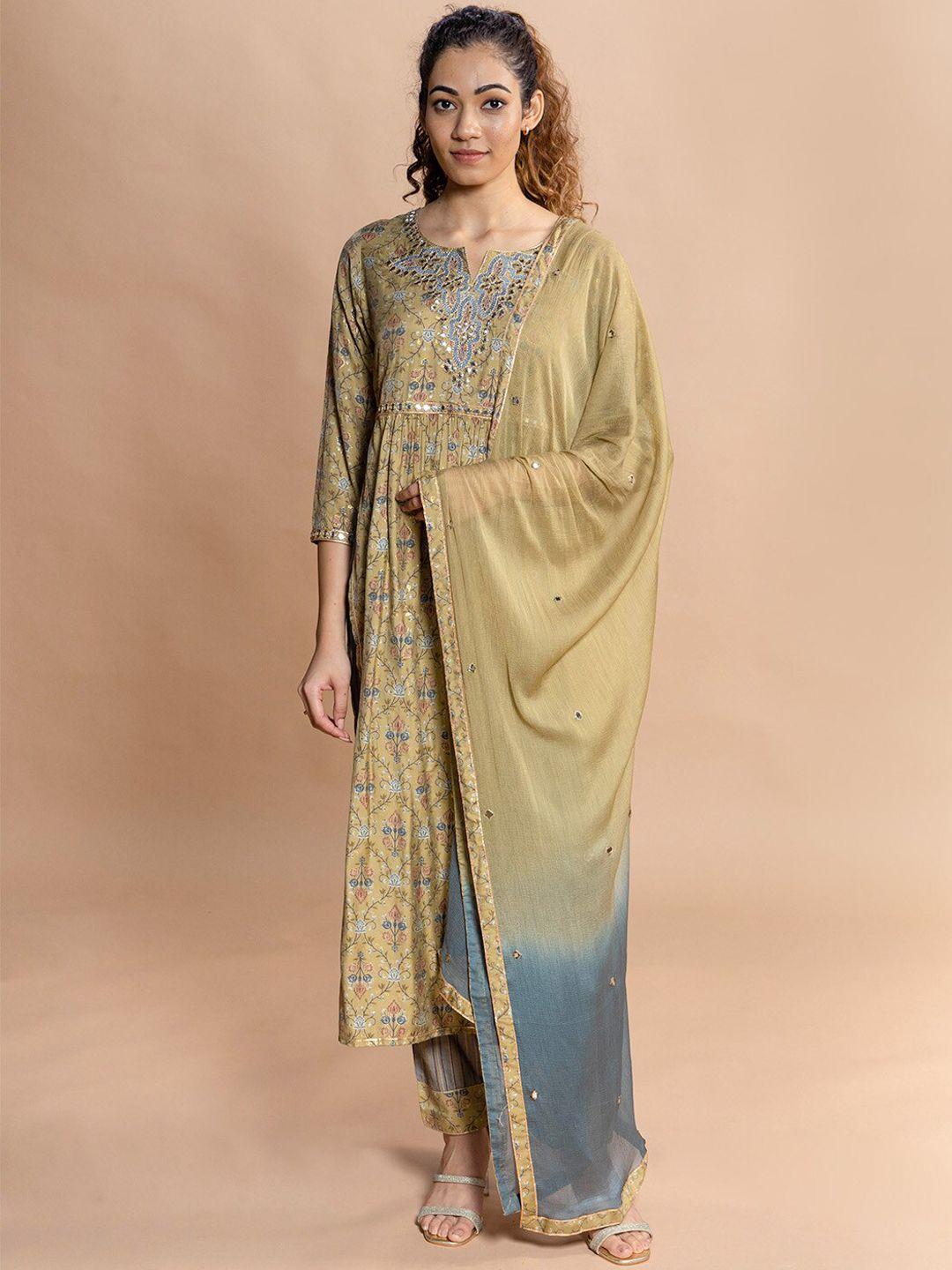 rmya floral printed high slit mirror work a-line pure cotton kurta with trousers & dupatta