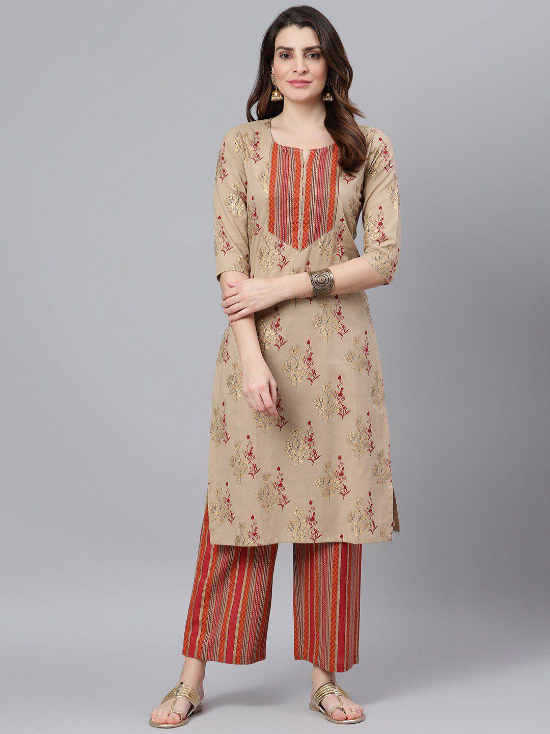 idalia ethnic motifs printed notched neck pure cotton kurta with palazzos